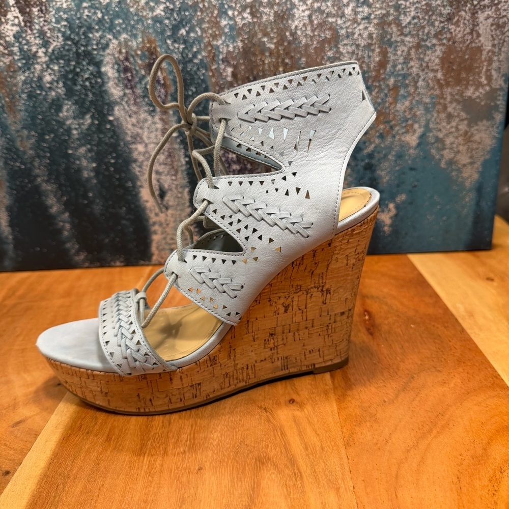 Marc Fisher Light Blue Lace-Up Cork Wedge Sandals